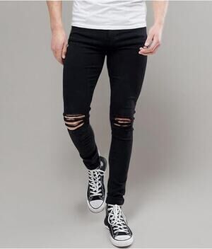 Hungson Men's Streetwear Stretch Black Distressed Jeans Sz 38